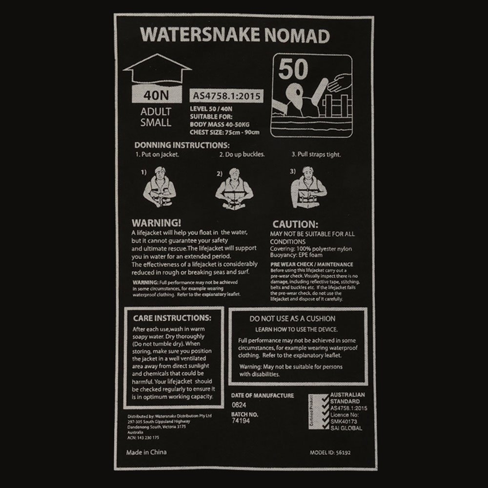 Watersnake Nomad Level 50 PFD Life Jacket Small 40-50kg Red