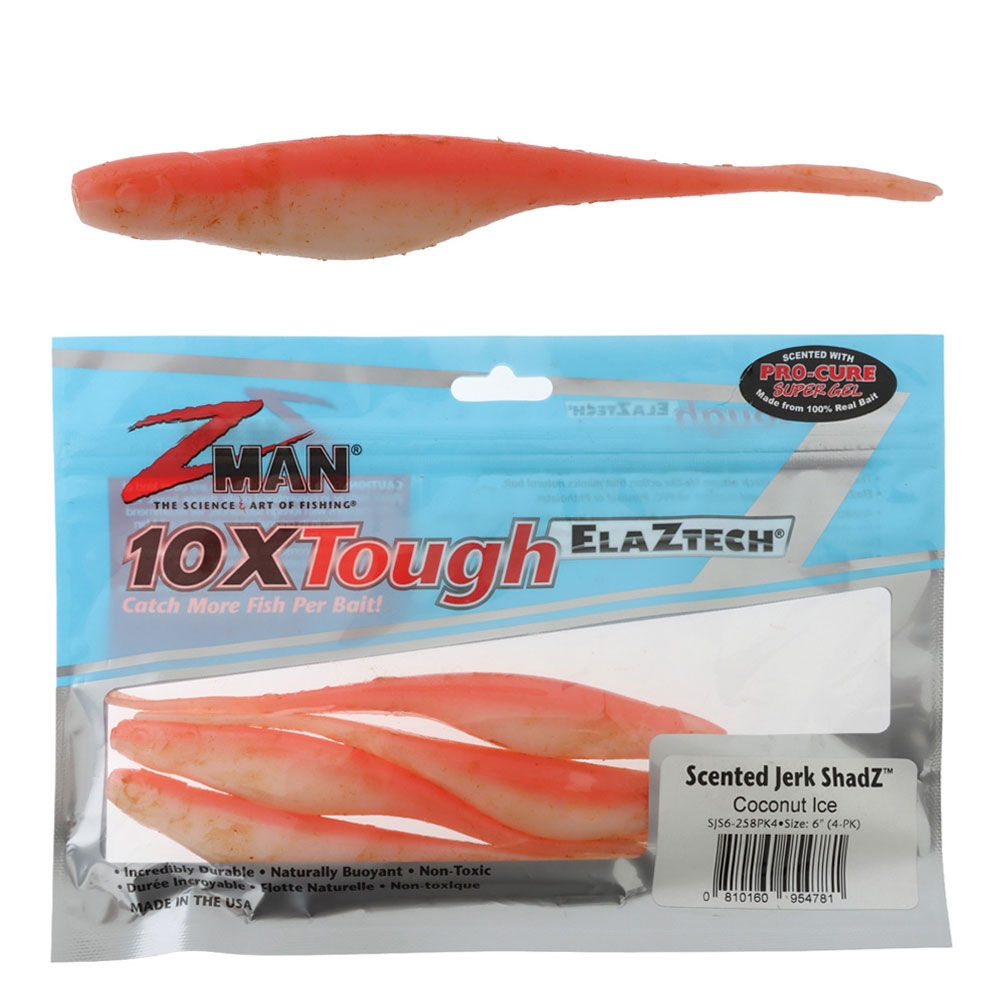 Z-Man Jerk ShadZ Scented Soft Bait 15cm Qty 4 Coconut Ice 