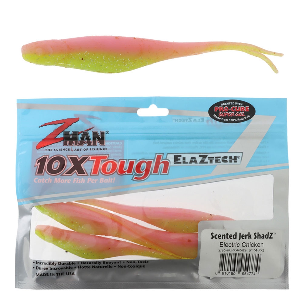 Z-Man Jerk ShadZ Scented Soft Bait 15cm Qty 4 Electric Chicken