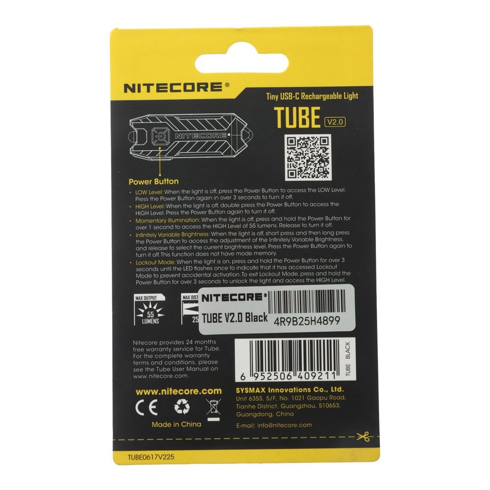 NITECORE Tube V2 LED Key Chain Flashlight Black 55 Lumen