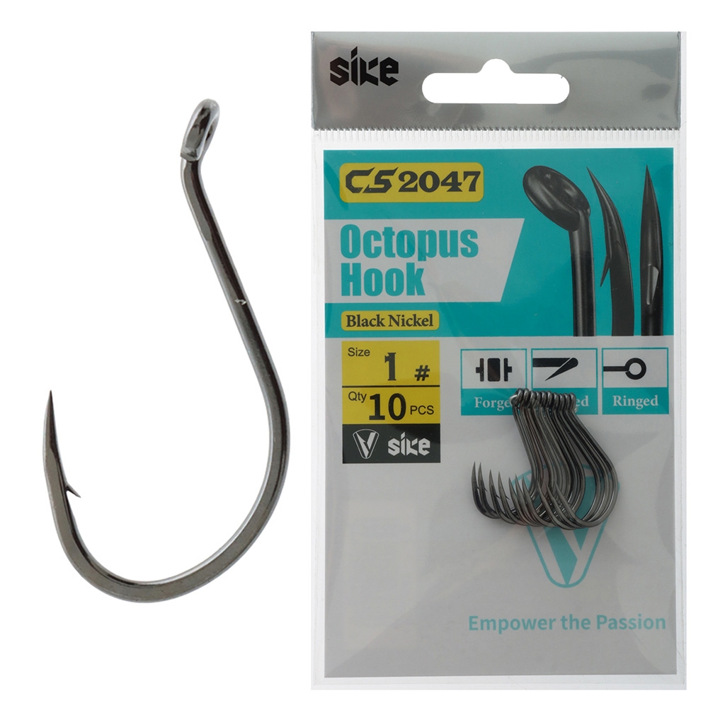 Sike CS2047 Black Nickel Octopus Hooks #1 Qty 10