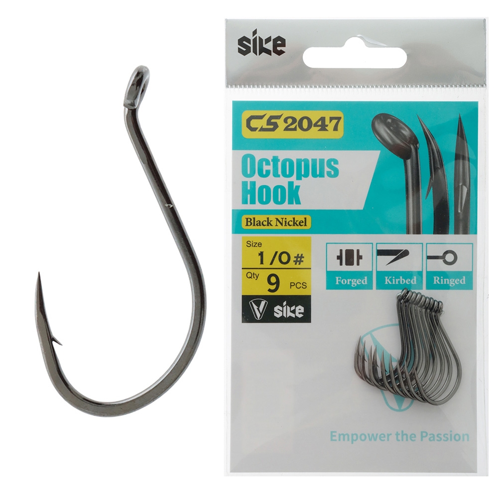 Sike CS2047 Black Nickel Octopus Hooks 1/0 Qty 9