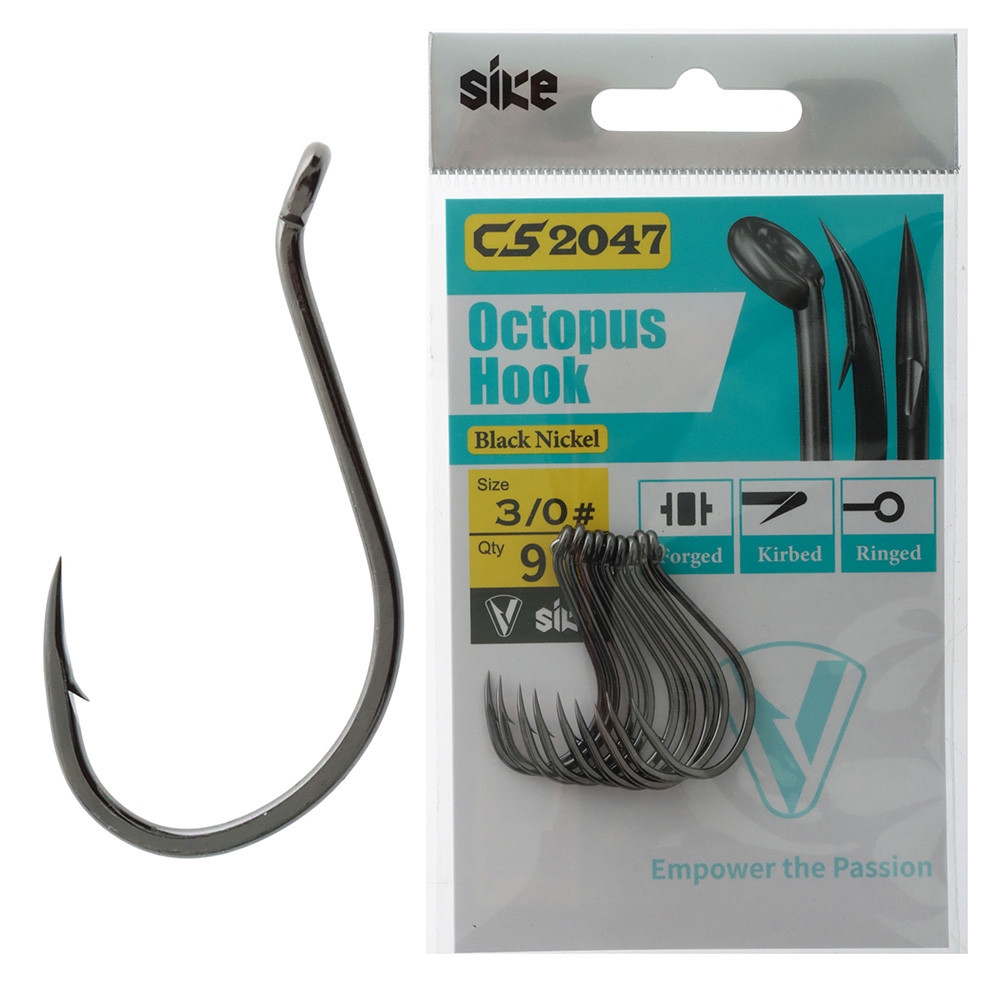 Sike CS2047 Black Nickel Octopus Hooks 3/0 Qty 9