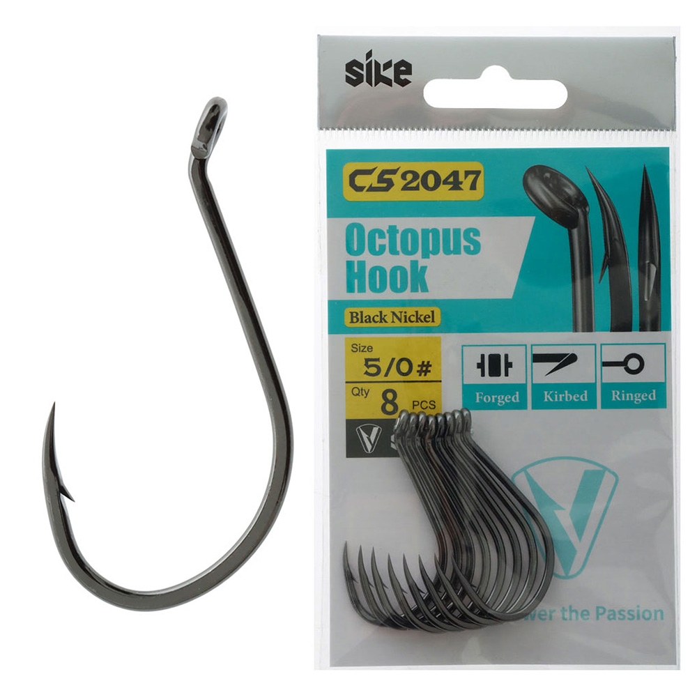 Sike CS2047 Black Nickel Octopus Hooks 5/0 Qty 8