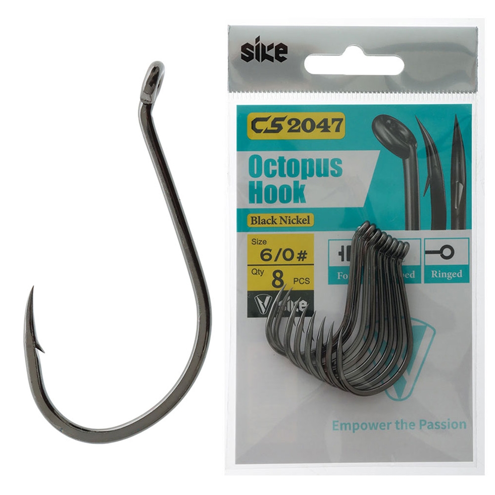 Sike CS2047 Black Nickel Octopus Hooks 6/0 Qty 8