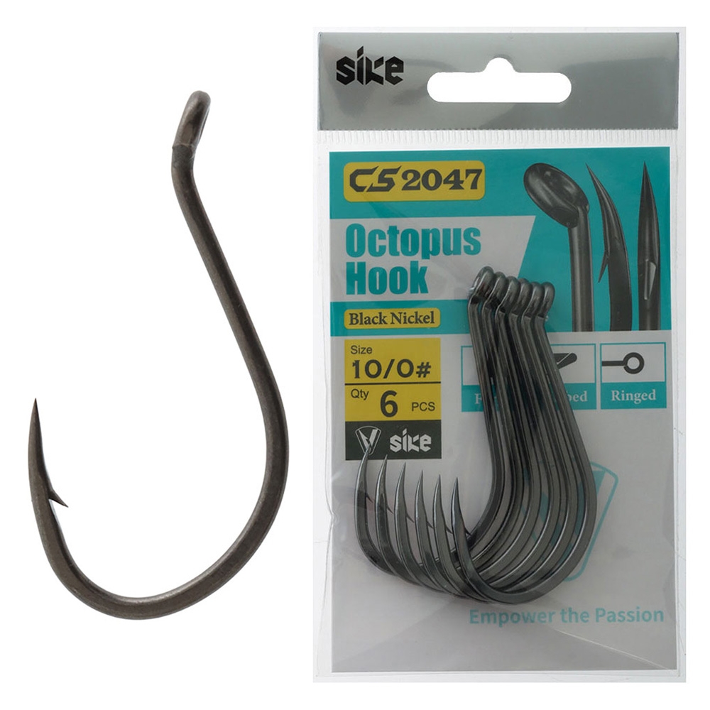 Sike CS2047 Black Nickel Octopus Hooks 10/0 Qty 6