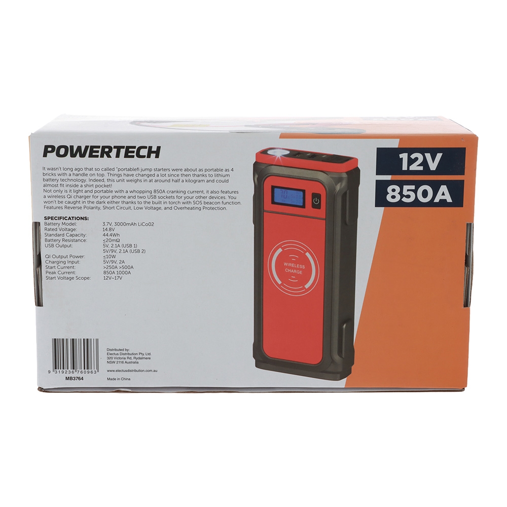 Powertech MB3764 Portable Jump Starter / Power Bank with Wireless Charger 12V 850A