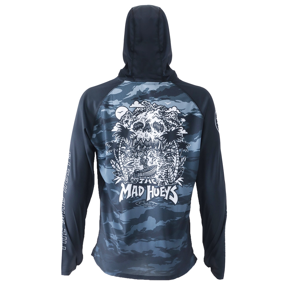 The Mad Hueys Skull Paradise Jungle Mens Hooded Mask Fishing Jersey UPF50+ Black