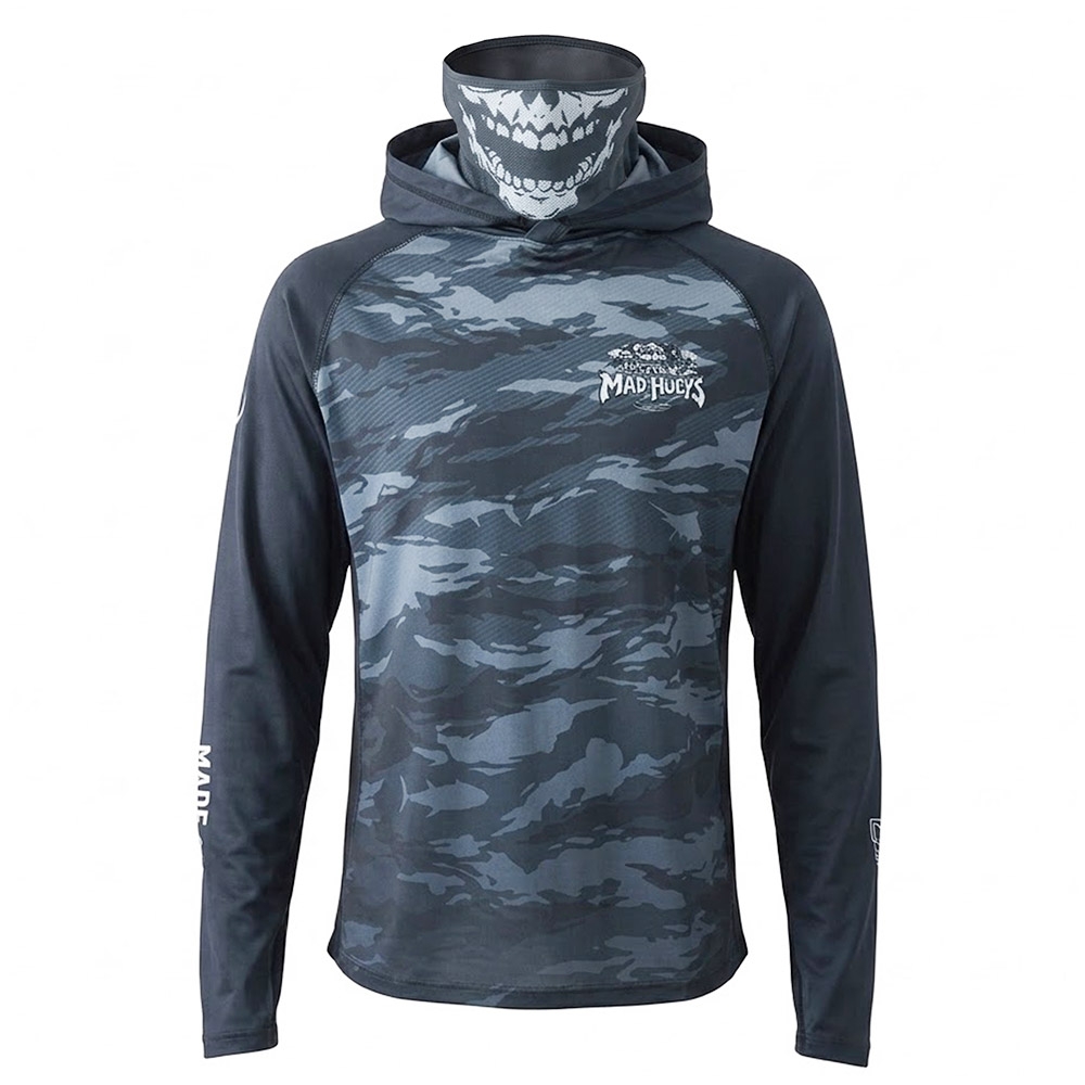 The Mad Hueys Skull Paradise Jungle Mens Hooded Mask Fishing Jersey UPF50+ Black