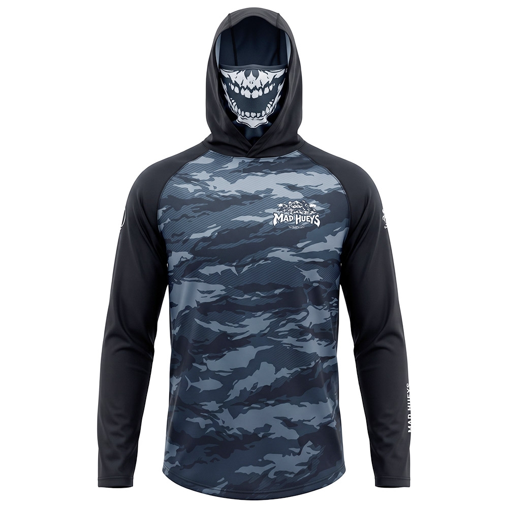 The Mad Hueys Skull Paradise Jungle Mens Hooded Mask Fishing Jersey UPF50+ Black