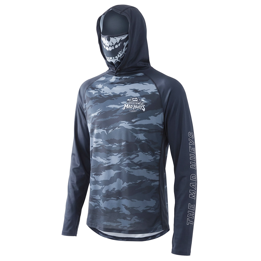 The Mad Hueys Skull Paradise Jungle Mens Hooded Mask Fishing Jersey UPF50+ Black