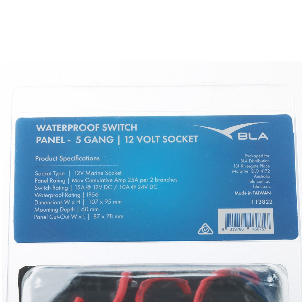 BLA Waterproof Switch Panel 5 Gang with 12V Socket