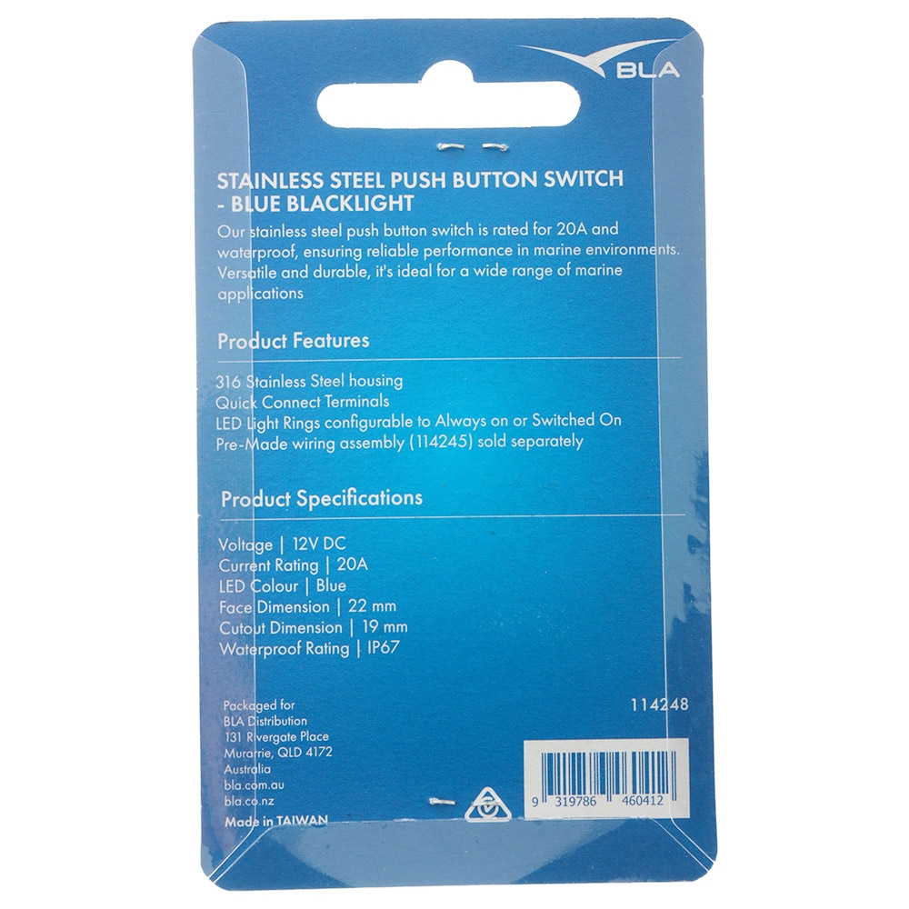 BLA Large Current SS316 Push Button Switch 12V 20A Blue Backlight