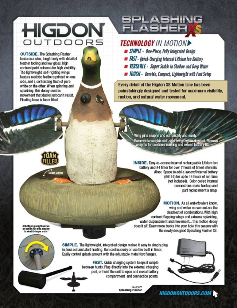 Higdon XS Splashing Flasher Mallard Drake Motion Decoy 12V