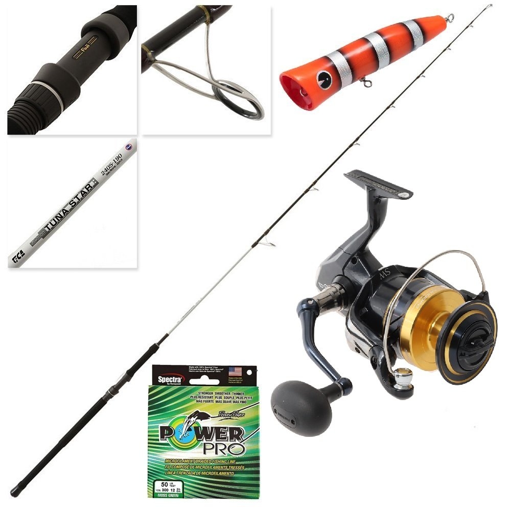 Shimano Spheros SWA 10000PG  TiCA Tuna Star Stickbait Popper Combo with Braid and Lure 8ft 50lb 2pc