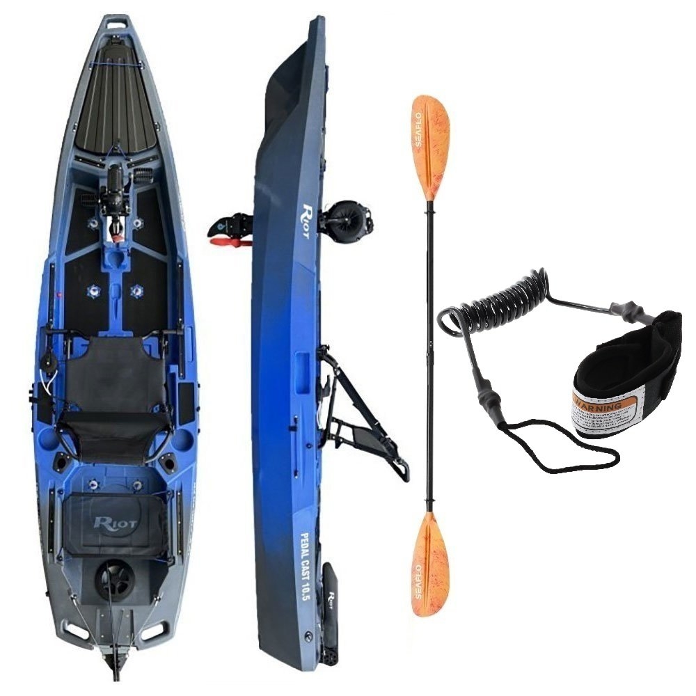 Seaflo Riot X-Drive Premium Pedal Assist Fishing Kayak with Deluxe Seat Storage Well Paddle and Leash