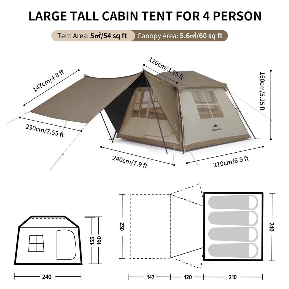Naturehike Village 5.0 Instant Up 4P Tent with Canopy