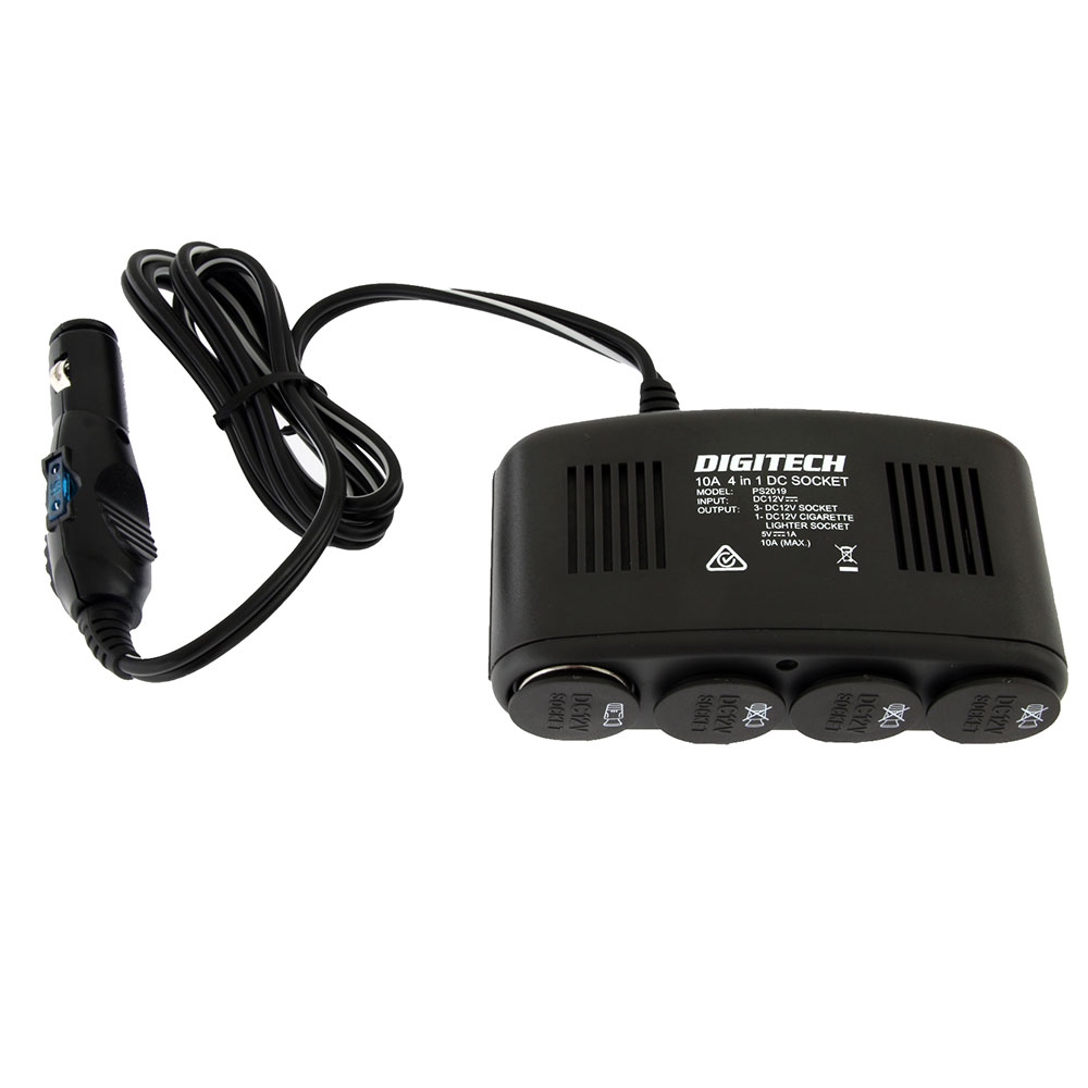 12VDC Car Cigarette Lighter Socket 4-Way Splitter with USB Port