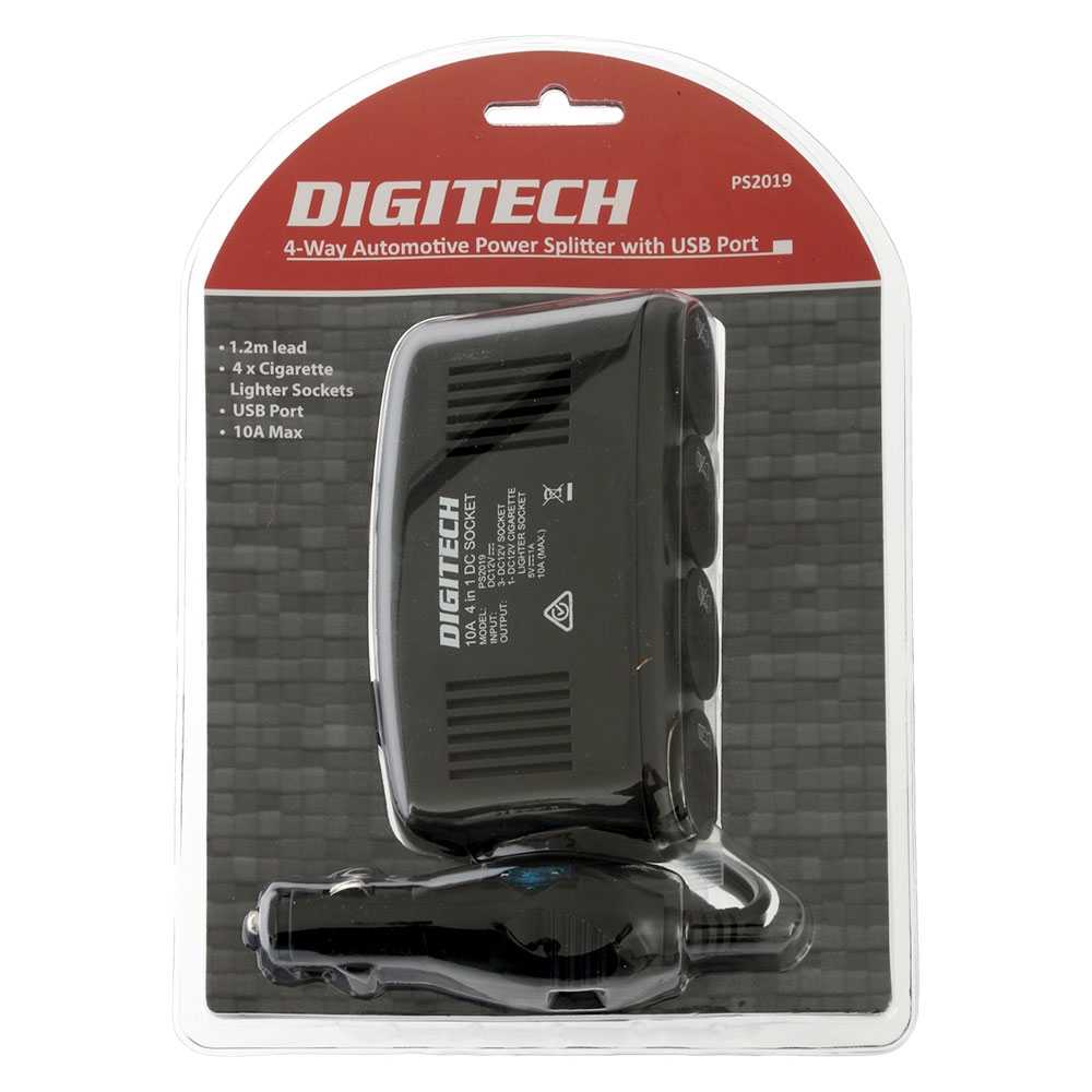 12VDC Car Cigarette Lighter Socket 4-Way Splitter with USB Port