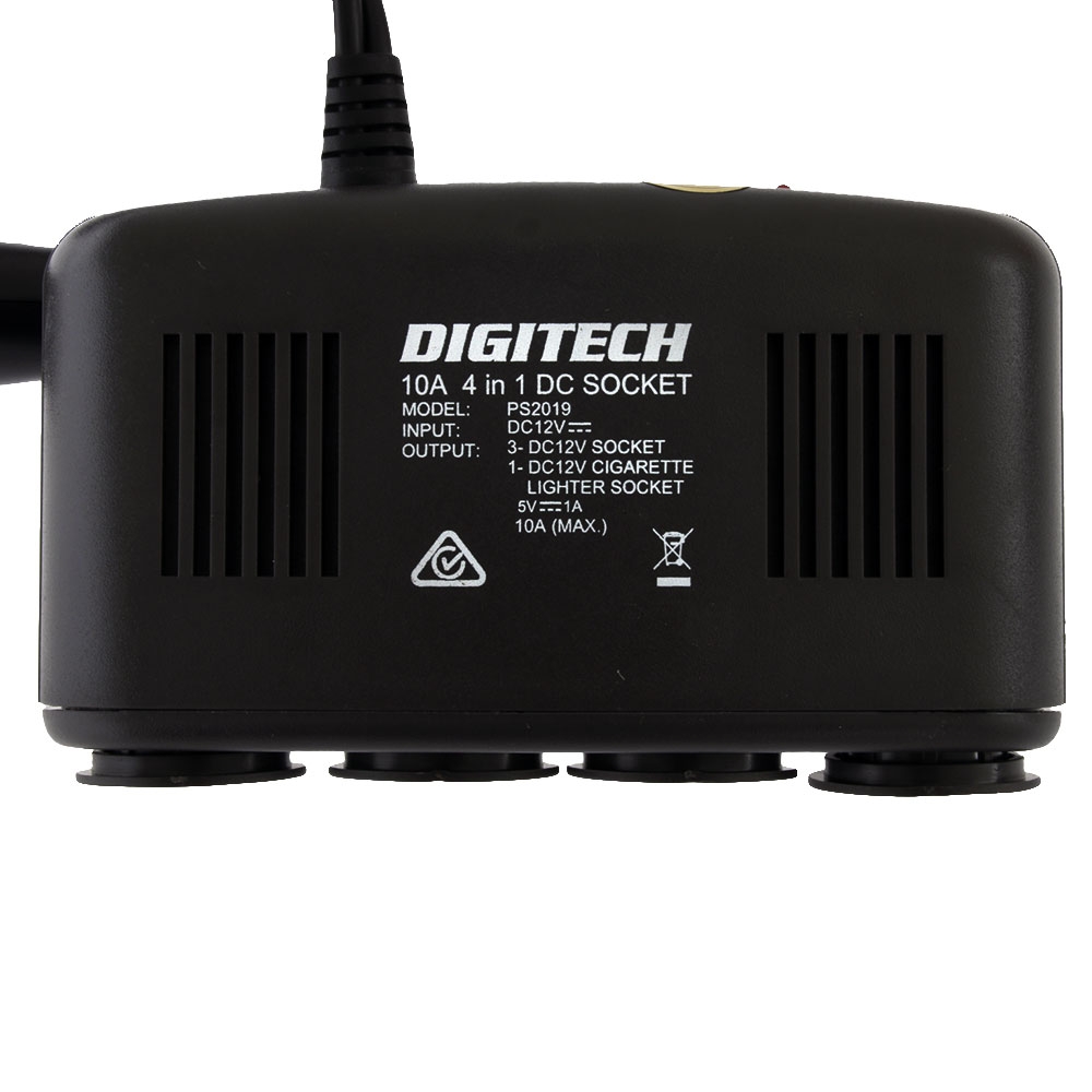 12VDC Car Cigarette Lighter Socket 4-Way Splitter with USB Port