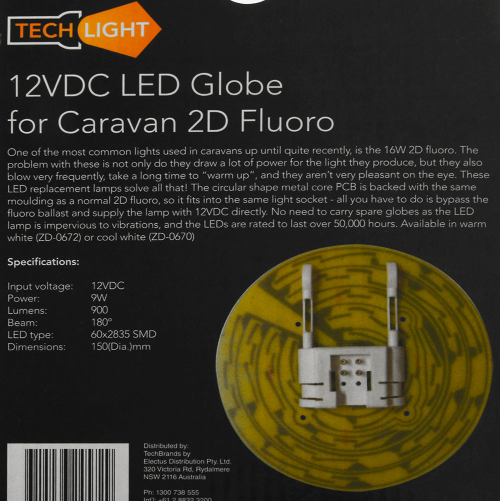LED Replacement Lamp for 2D Fluoros in Caravans Cool White 12V 900 Lumens