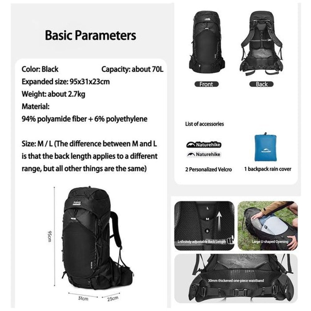 Naturehike Helium Series 70L Large Hiking Backpack