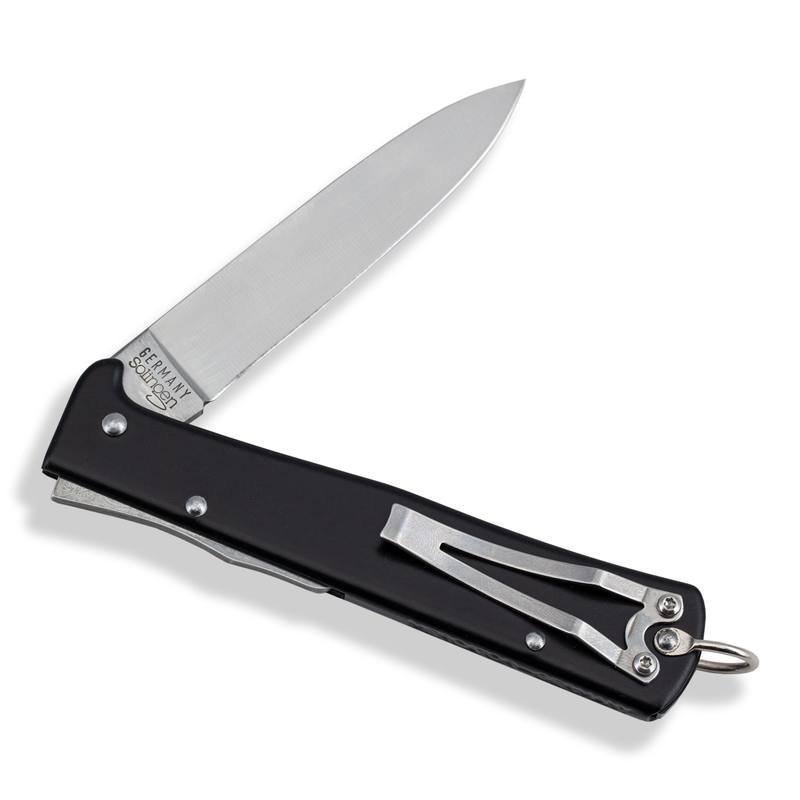OTTER Mercator Carbon Steel Folding Knife Black Handle with Belt Clip 9cm