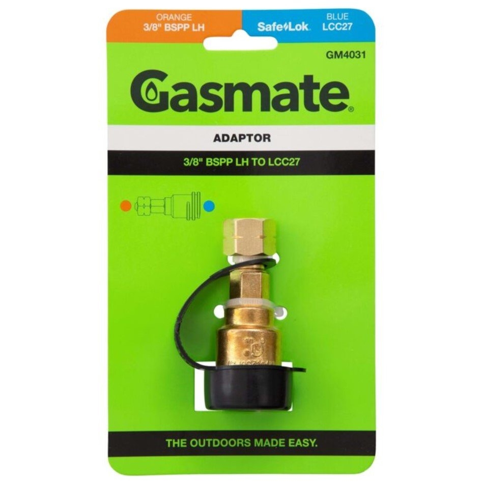 Gasmate Camping Valve to BBQ Valve Adaptor 3/8in BSPP-LH to LCC27