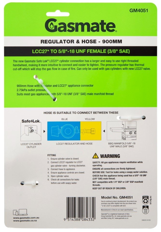 Gasmate 2.0kg QCC LPG Regulator with Hose 900mm