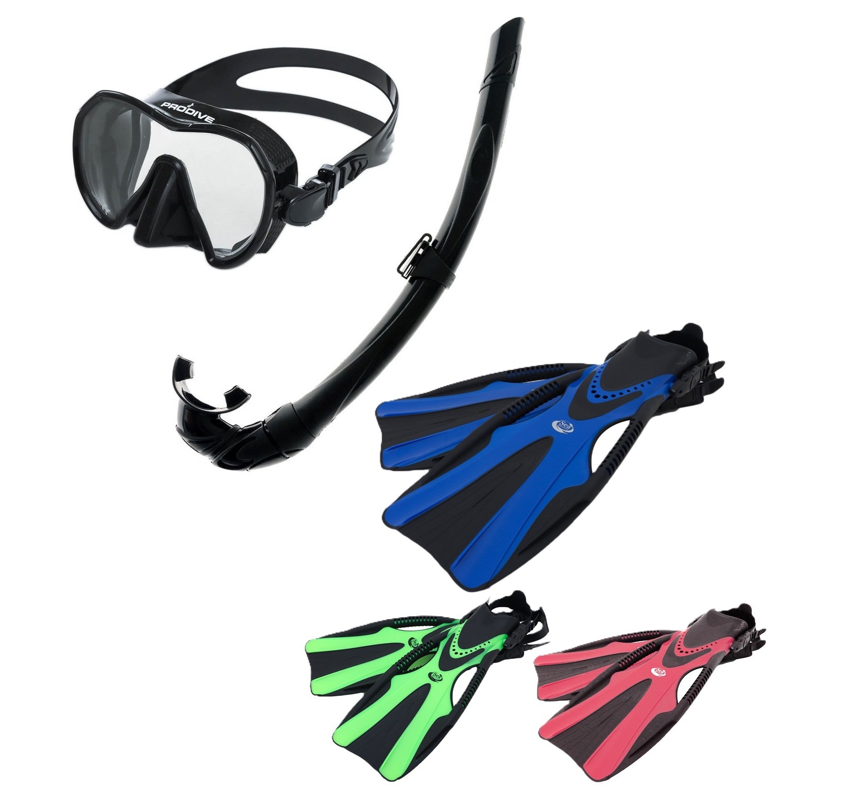 Pro-Dive Extreme Vu Sea Harvester Silicone Free Dive Mask and Snorkel Set with Fins