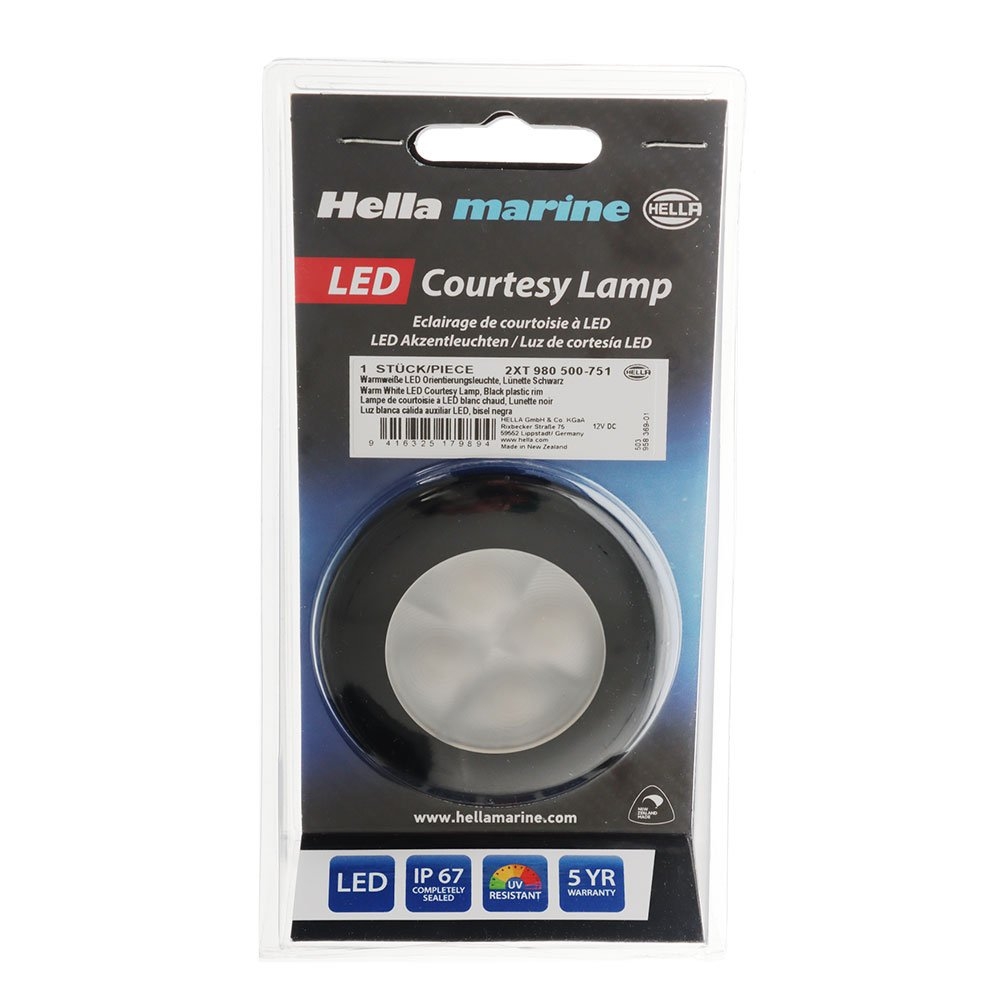 Hella Marine Warm White LED Hi Intensity Round Courtesy Lamp 12V Black Rim