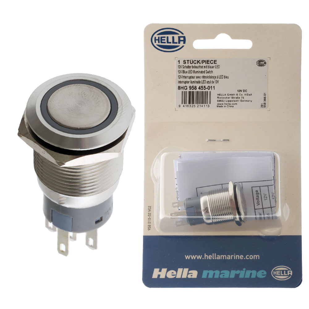 Hella Marine Stainless Steel LED Switches On/Off 12V Blue LED Illumination
