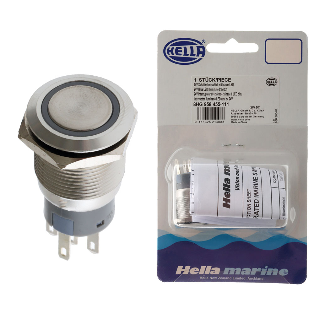 Hella Marine Stainless Steel LED Switches On/Off 24V Blue LED Illumination
