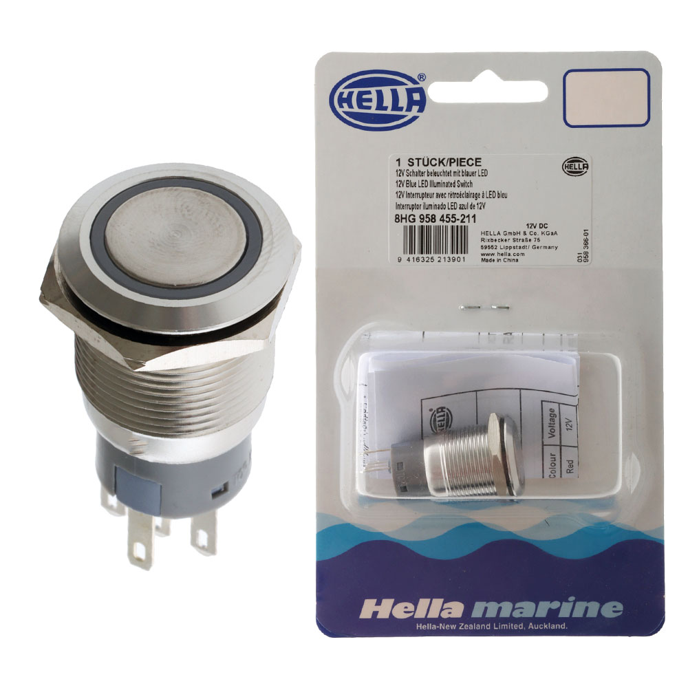 Hella Marine Stainless Steel LED Switches Momentary 12V Blue LED Illumination