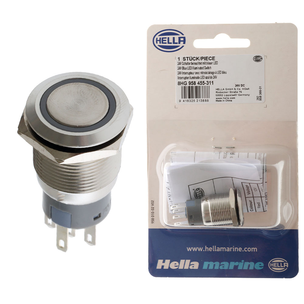 Hella Marine Stainless Steel LED Switches Momentary 24V Blue LED Illumination