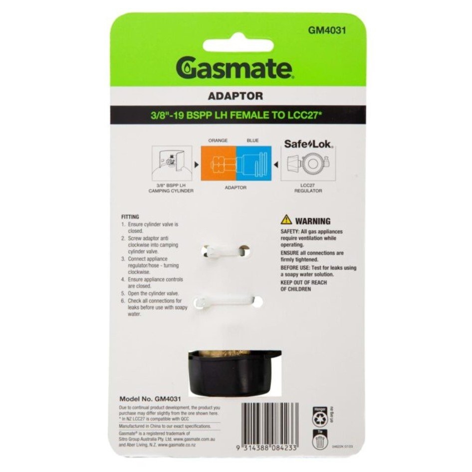Gasmate Camping Valve to BBQ Valve Adaptor 3/8in BSPP-LH to LCC27