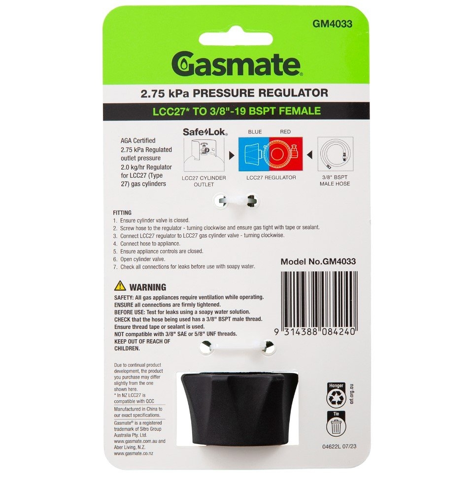 Gasmate BBQ QCC Regulator 2kg 3/8'' BSP Outlet