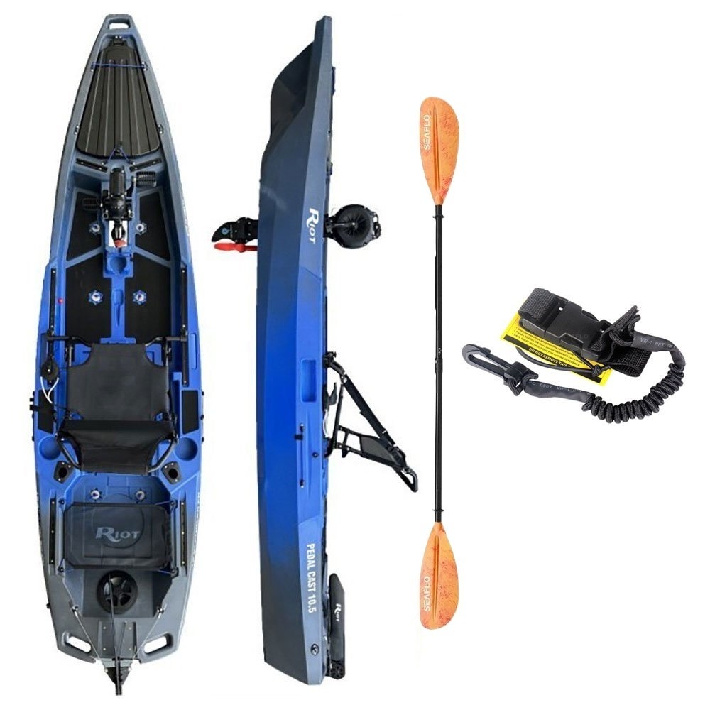 Seaflo Riot X-Drive Pedal Assist Fishing Kayak with Deluxe Seat Storage Well Paddle and Leash