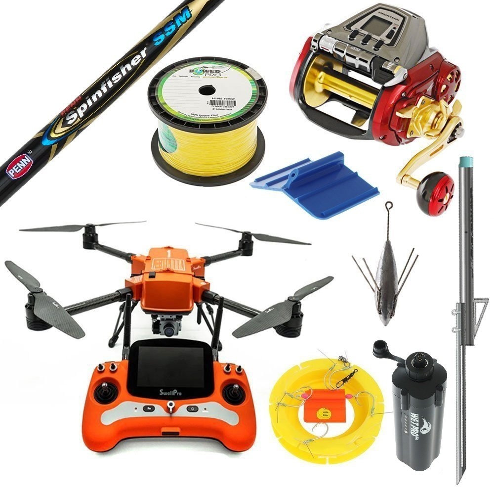 SwellPro Fisherman Max FD2 Pro Daiwa Seaborg Spinfisher Waterproof Electric Drone Fishing Package 8ft PE10 3pc