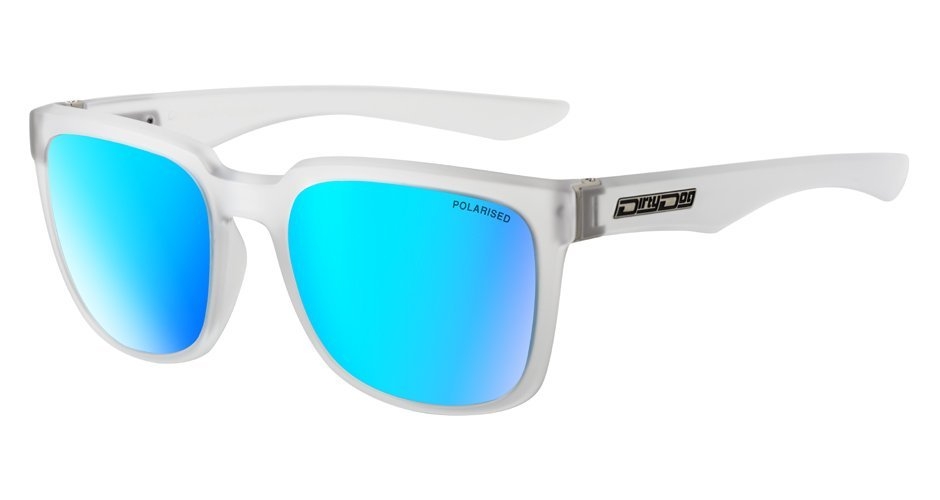 Dirty Dog Blade Polarised Sunglasses Satin Crystal Clear Frame Grey/Ice Blue Mirror Lens