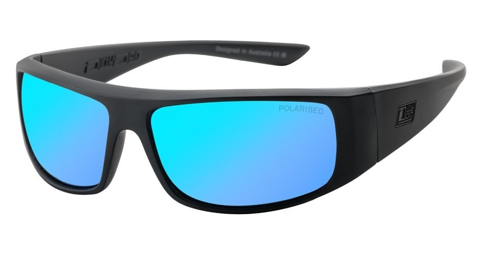 Dirty Dog Sharky Polarised Sunglasses Satin Black Frame Grey/Ice Blue Mirror Lens