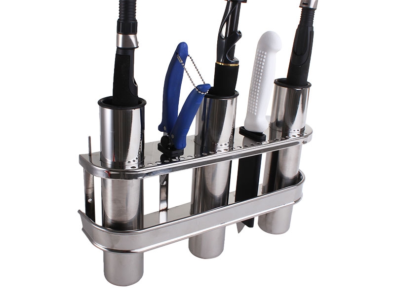 Polished Stainless Triple Rod Holder with Tool Storage