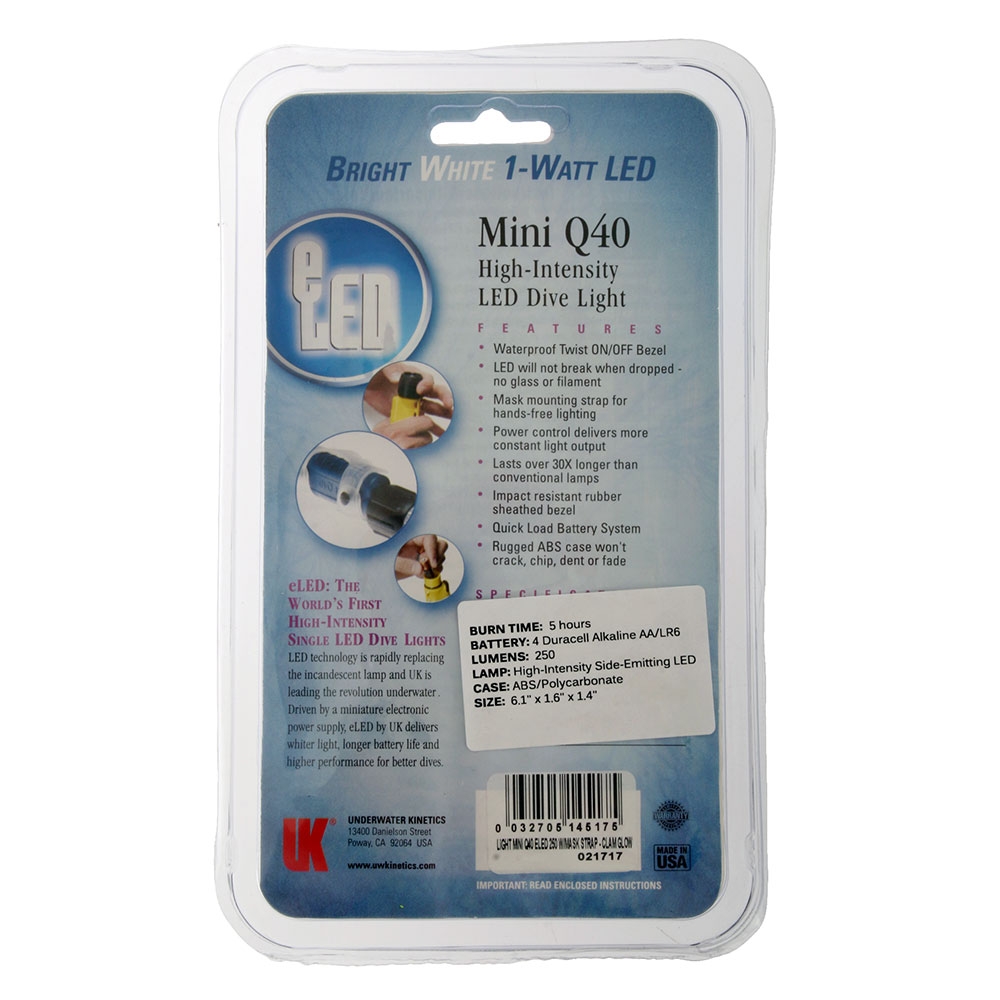 Underwater Kinetics Mini Q40 eLED Dive Torch with Mask Strap 250lm Glow
