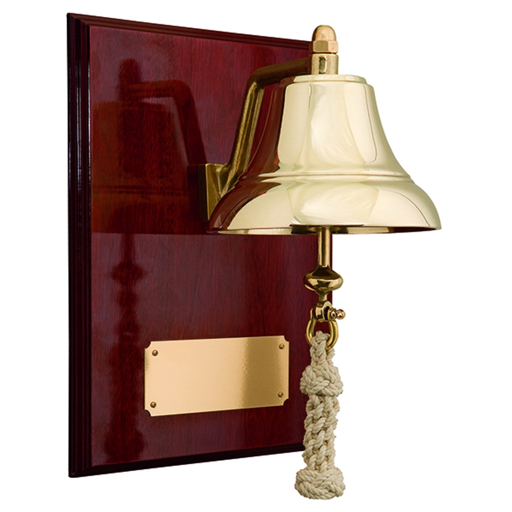 Weems & Plath 6in Brass Bell Mounted on 9x12in High Gloss Mahogany Plaque with Brass Plate