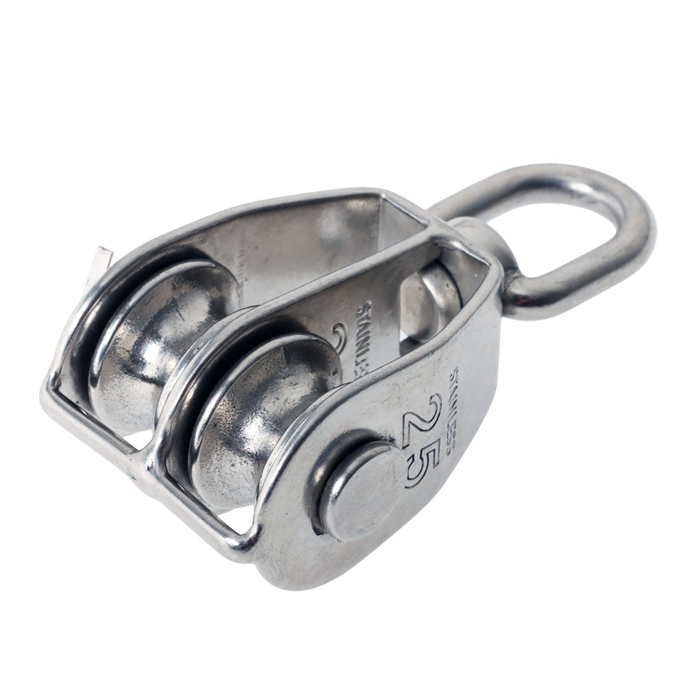 Cleveco 316 Stainless Steel Rope Pulleys Double Sheave Swivel Eye 25mm