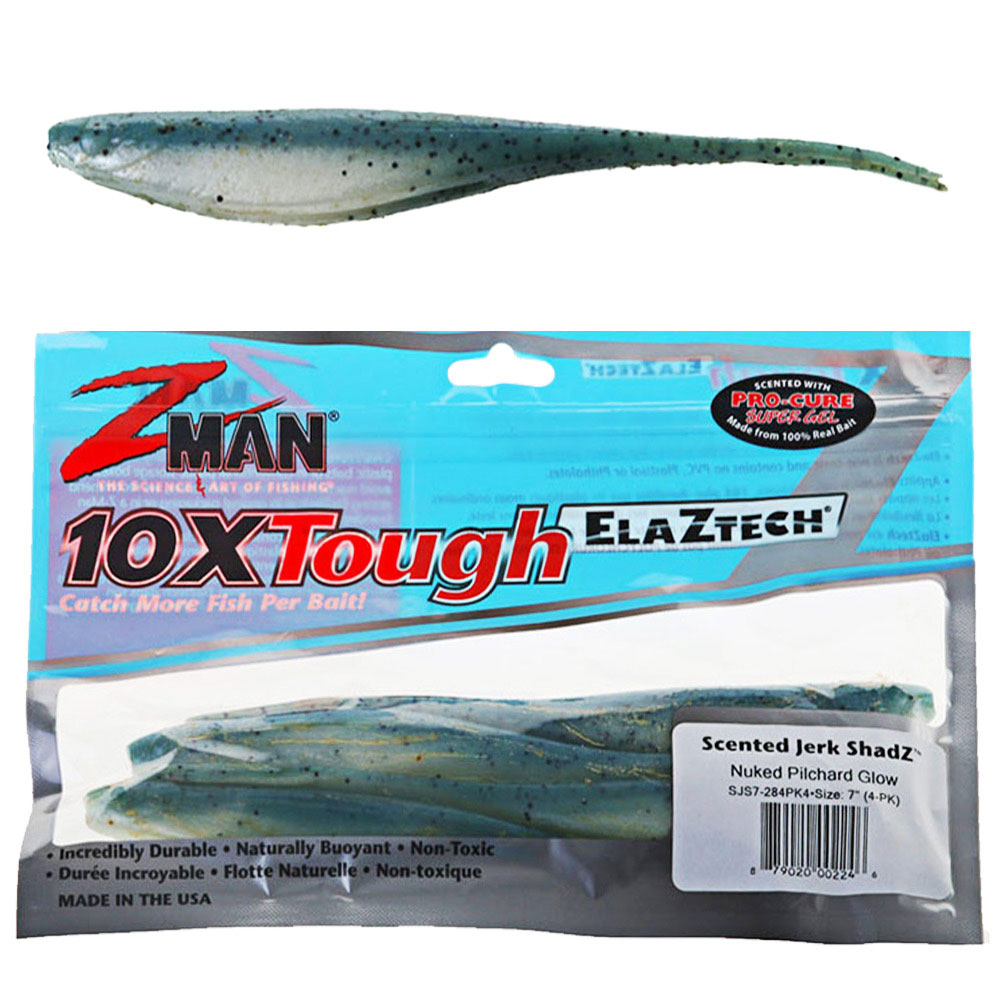 Z-Man Jerk ShadZ Scented Soft Bait 17cm Qty 4 Nuked Pilchard Glow
