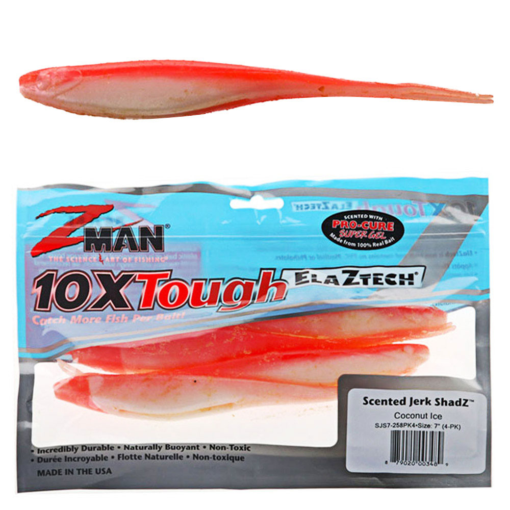 Z-Man Jerk ShadZ Scented Soft Bait 17cm Qty 4 Coconut Ice Glow