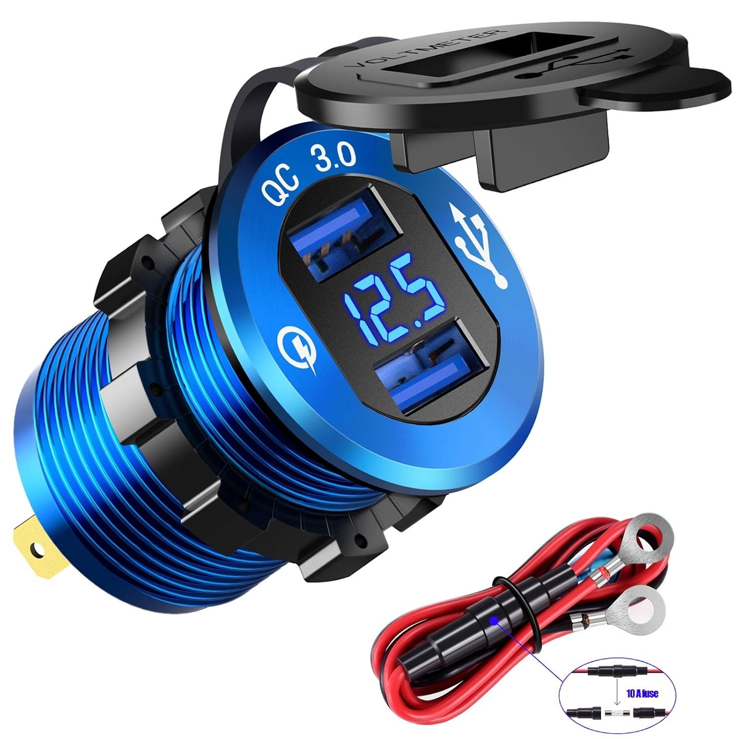 Waterproof Dual USB Vehicle Fast Charger with Voltmeter 12/24V