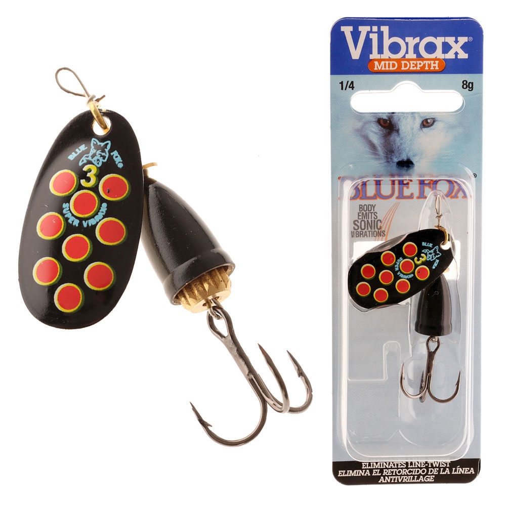 Blue Fox Vibrax Mid Depth Spinner Lure 8g Black Yellow Red Dots