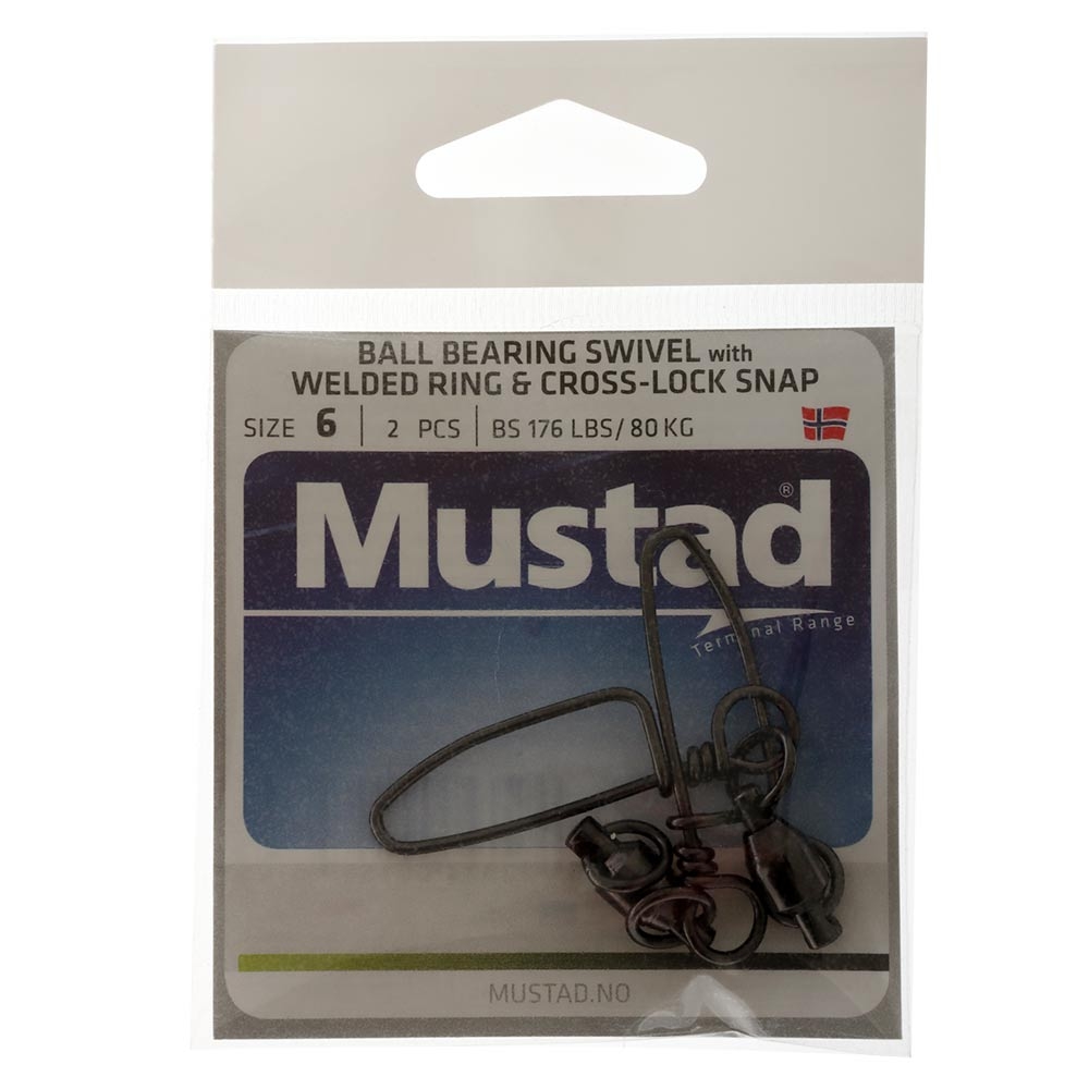 Mustad Ball Bearing Game Swivel with Cross-Lock Snap Size 6 80kg Qty 2